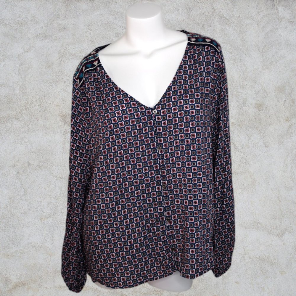 Flying Tomato Long Sleeved Lightweight Flowy Top / Button Down w/ Embroidery 3X